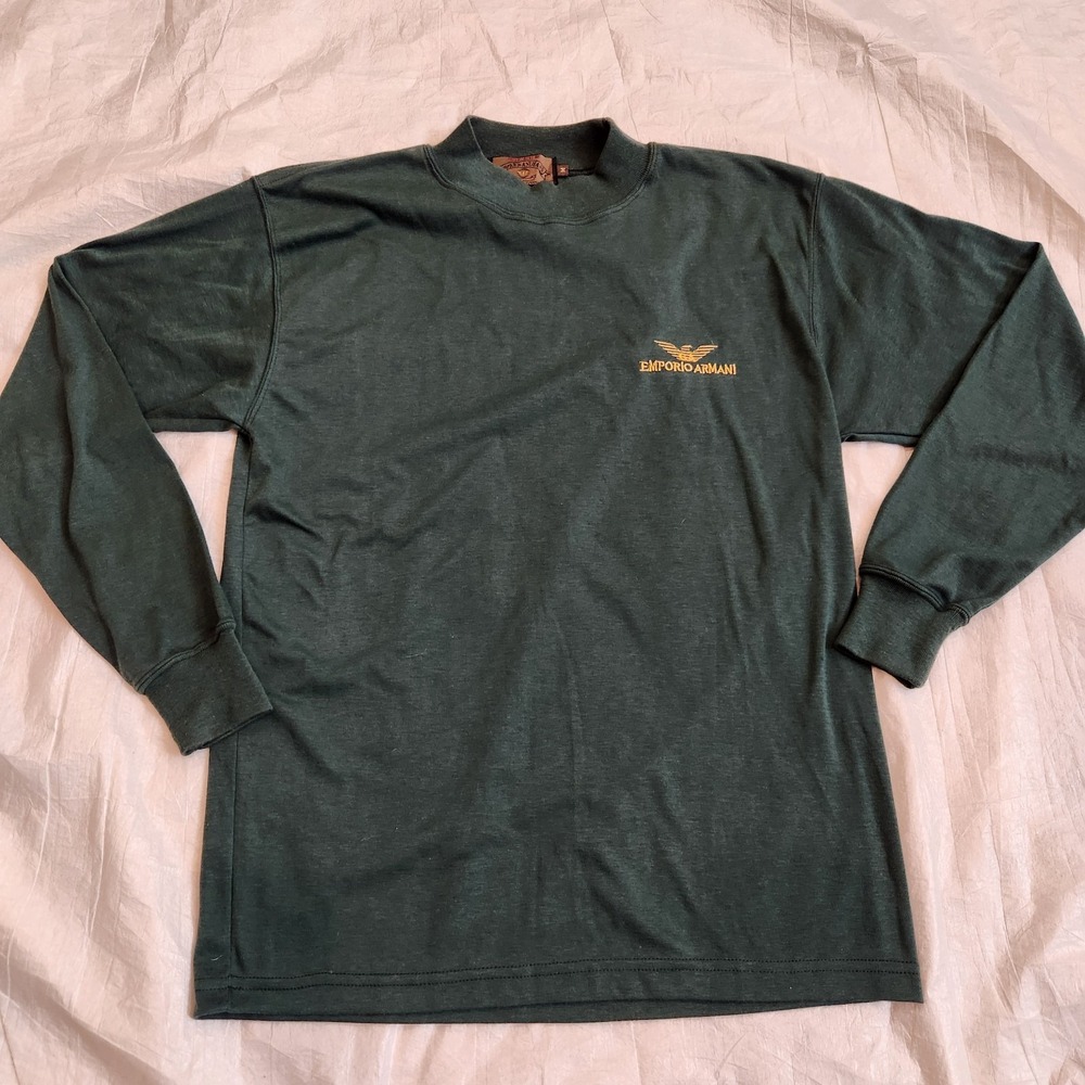 Vintage Emporio Armani Jeans Mock Neck Long Sleeve Shirt Green Gold Medium M